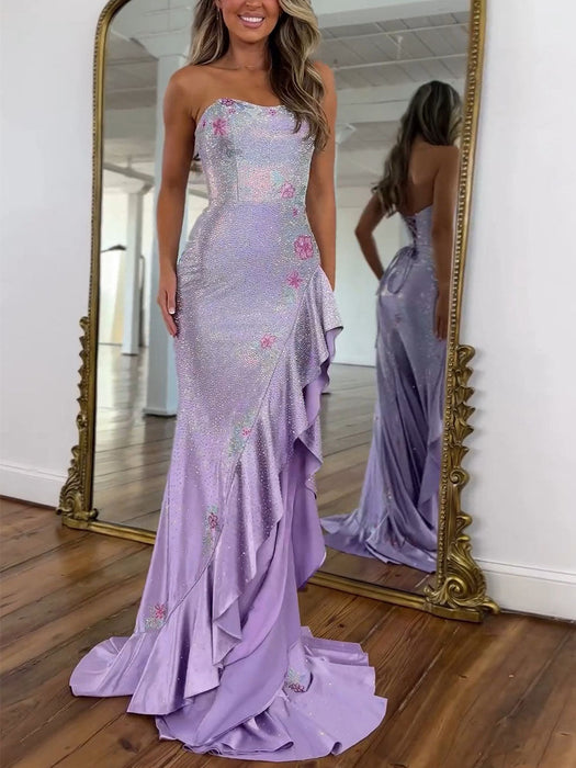 Lilac Strapless Floral Rhinestone Corset Prom Dress with Front Split