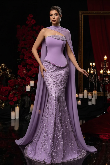 Lilac Charming Strapless Beadings Satin Prom Dress Mermaid with Cape