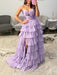 Lilac Strapless Tiered Ruffle Chiffon Prom Dress Long with Slit