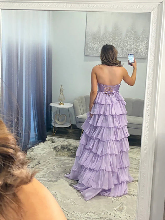 Lilac Strapless Tiered Ruffle Chiffon Prom Dress Long with Slit