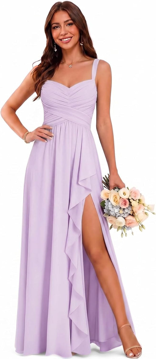 Women's Chiffon Bridesmaid Dresses Long Evening Formal Gown with Slit - Lilac