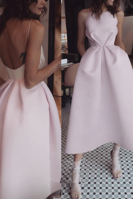 Lilac Unique Tea Length Satin Party Spaghetti Straps Backless Prom Dress - Prom Dresses