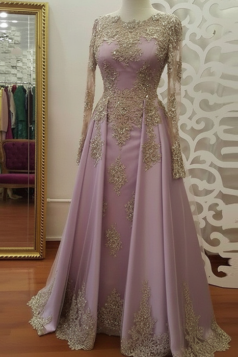 Lilac A-Line/Princess Long Sleeves Scoop Floor-Length Applique Tulle Muslim Dresses - Prom Dresses