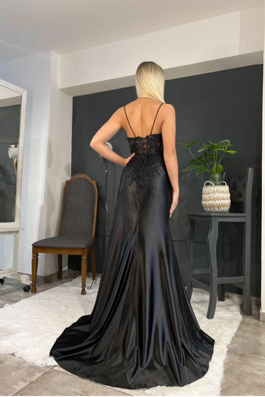 Black Scoop Neck Lace Side Slit Pleats Long Prom Evening Dress main image 1