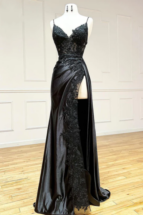 Long Black Lace Prom Dress with High Slit – Bridelily