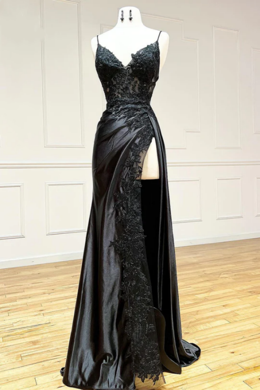Long Black Lace Printed Prom Dress with High Slit