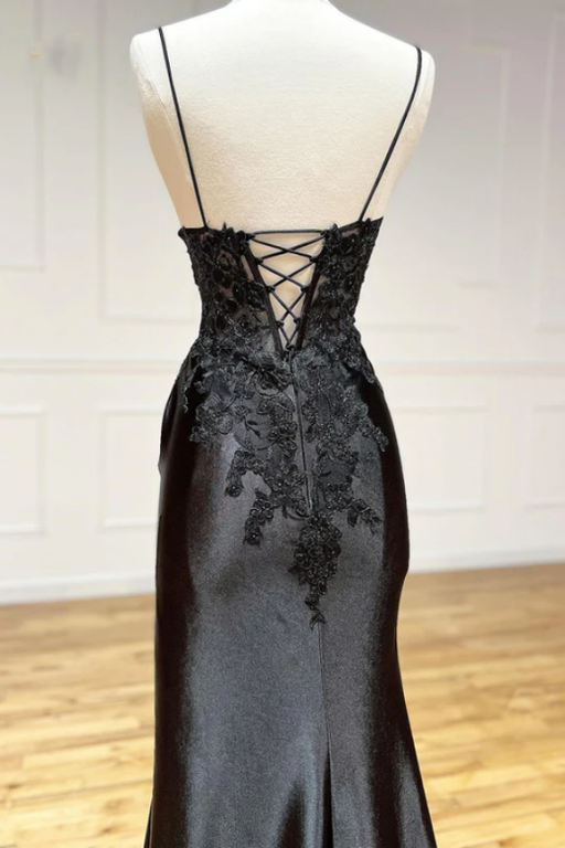 Long Black Lace Printed Prom Dress with High Slit