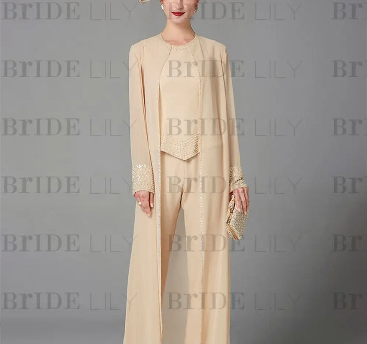 Champagne chiffon mother of the bride pantsuit with a long duster coat
