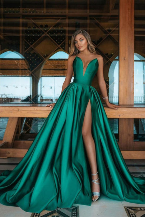 Long Emerald Green V-neck Prom Dress With Split Bridelily Long Emerald Green V-neck Prom Dress With Split Bridelily
