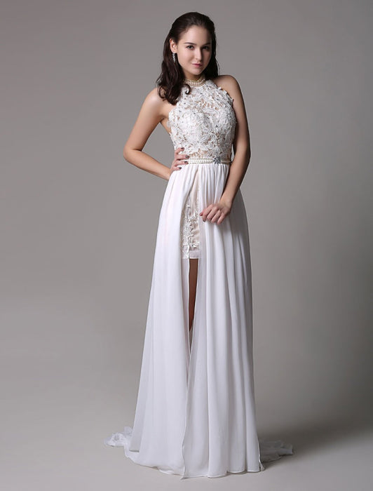 White Prom Dresses 2021 Long Ivory Halter Backless Evening Dress Lace Applique Beading Chiffon Split Party Dress