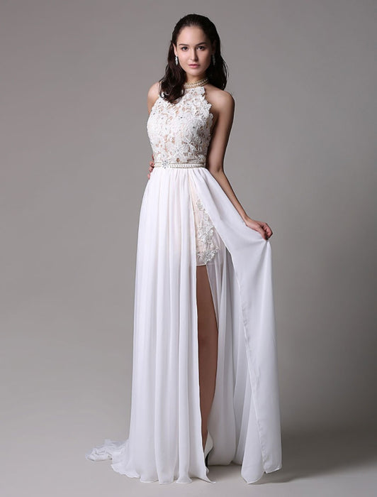 White Prom Dresses 2021 Long Ivory Halter Backless Evening Dress Lace Applique Beading Chiffon Split Party Dress