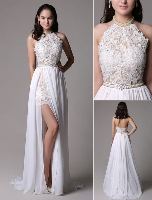 White Prom Dresses 2021 Long Ivory Halter Backless Evening Dress Lace Applique Beading Chiffon Split Party Dress