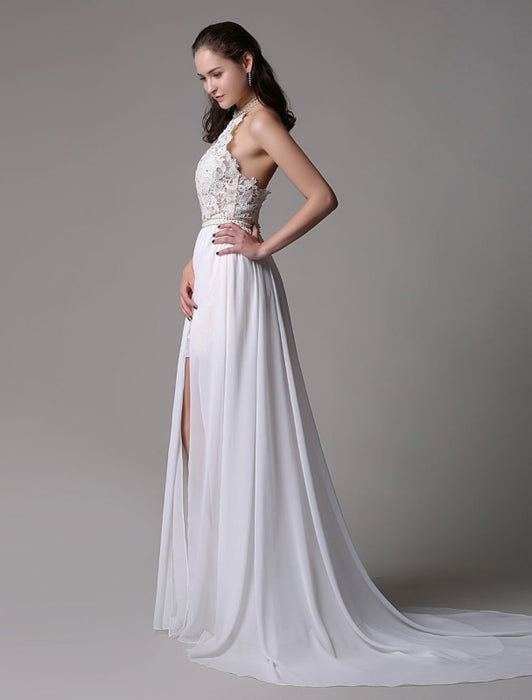 White Prom Dresses 2021 Long Ivory Halter Backless Evening Dress Lace Applique Beading Chiffon Split Party Dress