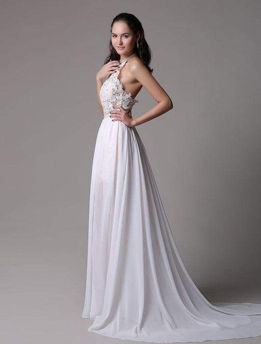White Prom Dresses 2021 Long Ivory Halter Backless Evening Dress Lace Applique Beading Chiffon Split Party Dress