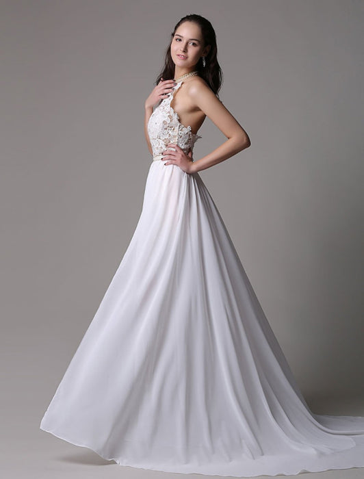 White Prom Dresses 2021 Long Ivory Halter Backless Evening Dress Lace Applique Beading Chiffon Split Party Dress