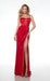 Long Plunging Neckline Formal Dress with Spaghetti Straps and High Slit