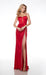 Long Plunging Neckline Formal Dress with Spaghetti Straps and High Slit