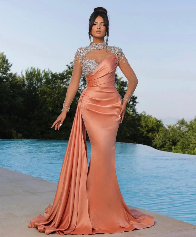 Glorious Purple Long Sleeves Mermaid Prom Dress with Off-the-Shoulder Slit and Crystal
