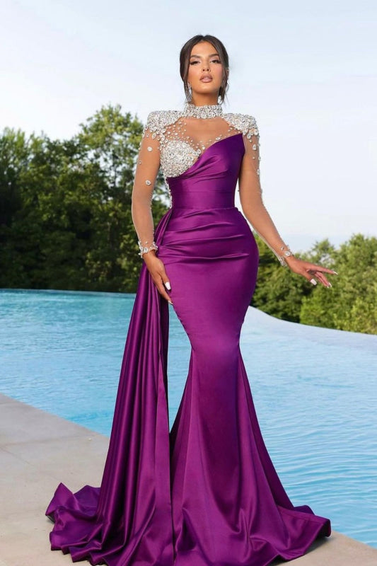 Pretty Halter V Neck Ombre Purple Satin Mermaid Long Party Dress Evening Gown SP1757 main image 1