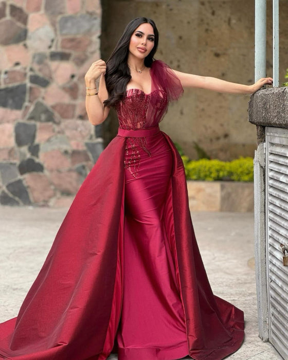 Long Red A-Line Prom Dress with Sequin Beads
