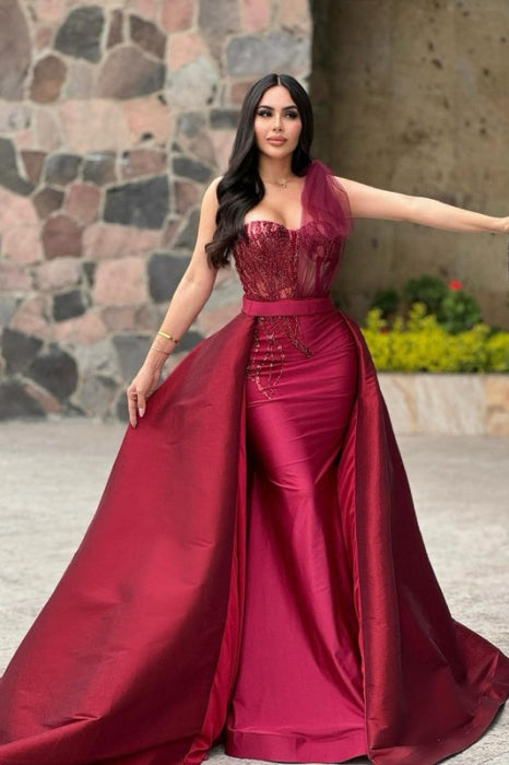 Red Sequin A-Line Prom Dress with Beads-Bridelily