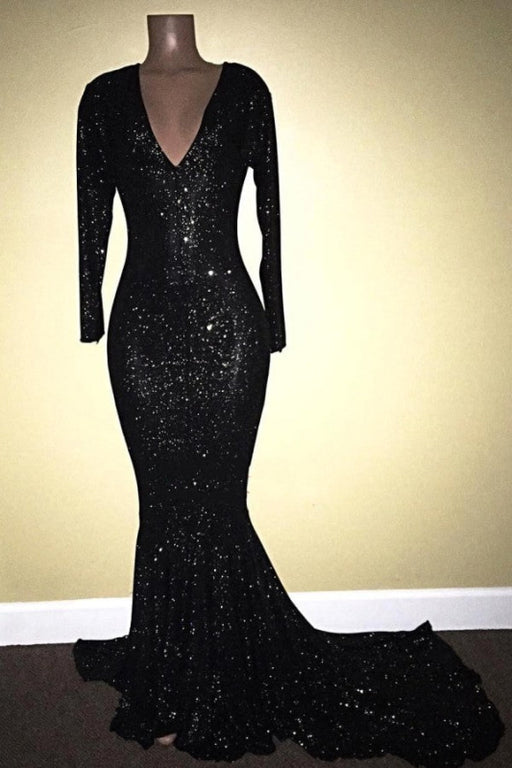 Long Sleeve Black V-Neck Mermaid Prom Dress With Sequins