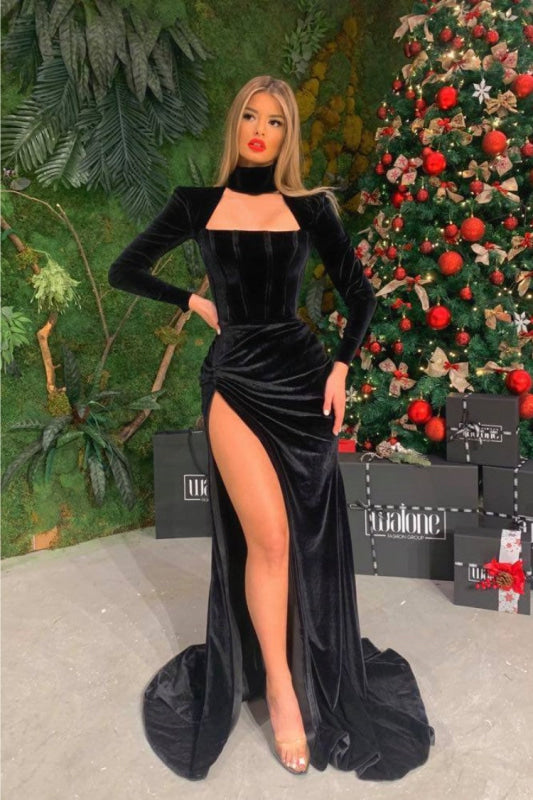 Half Sleeve Velvet Prom Dresses Long Split Evening Gowns main image 1