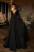 Long Sleeve V-neck Boho Bridal Gowns Satin Backless Lace Wedding Dress Black