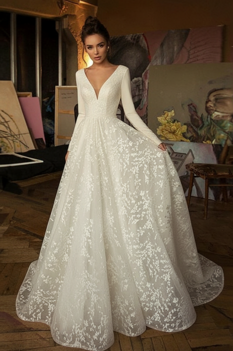 Long Sleeve V-neck Boho Bridal Gowns Satin Backless Lace Wedding Dress Ivory
