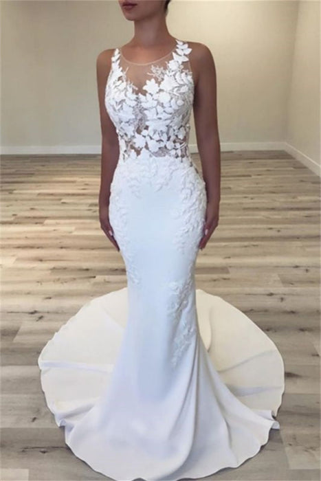 Long Sleeveless Mermaid Wedding Dress with Lace Appliques in Jewel - Wedding Dresses