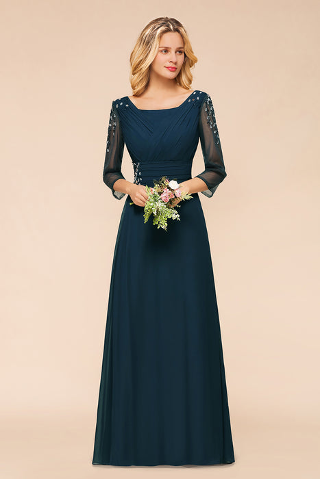 Long Sleeves Aline Bridesmaid Dress Ruffle Chiffon Beadings Wedding Guest Dress