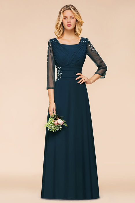 Long Sleeves Aline Bridesmaid Dress Ruffle Chiffon Beadings Wedding Guest Dress