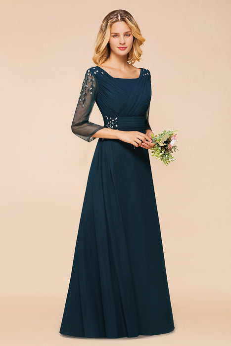 Long Sleeves Aline Bridesmaid Dress Ruffle Chiffon Beadings Wedding Guest Dress