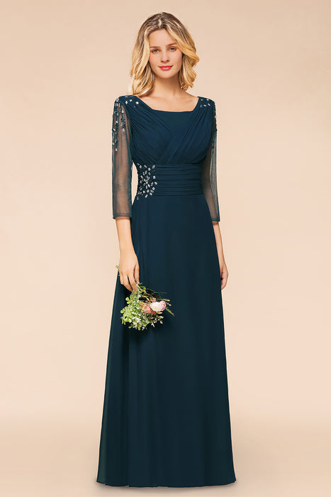 Long Sleeves Aline Bridesmaid Dress Ruffle Chiffon Beadings Wedding Guest Dress