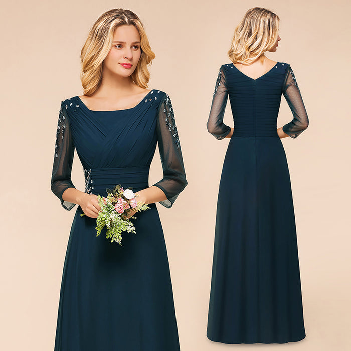 Long Sleeves Aline Bridesmaid Dress Ruffle Chiffon Beadings Wedding Guest Dress