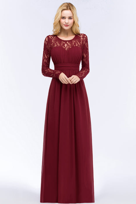 Long Sleeves Burgundy Bridesmaid Dress Chiffon Aline Wedding Guest Dress