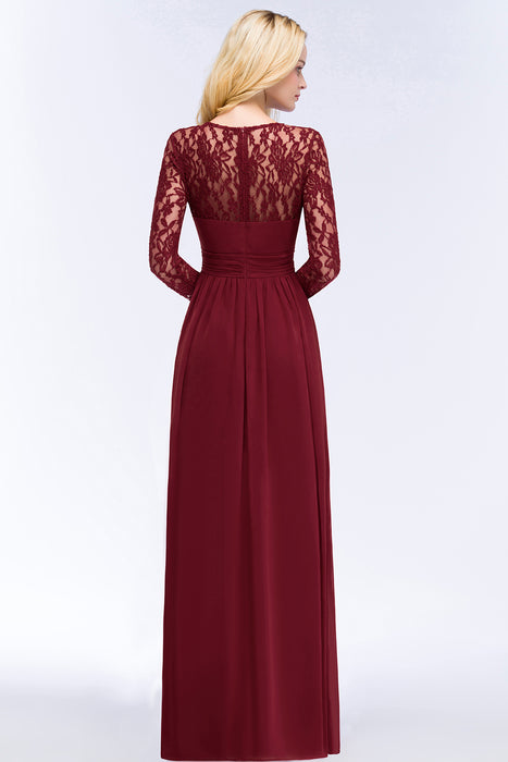 Long Sleeves Burgundy Bridesmaid Dress Chiffon Aline Wedding Guest Dress