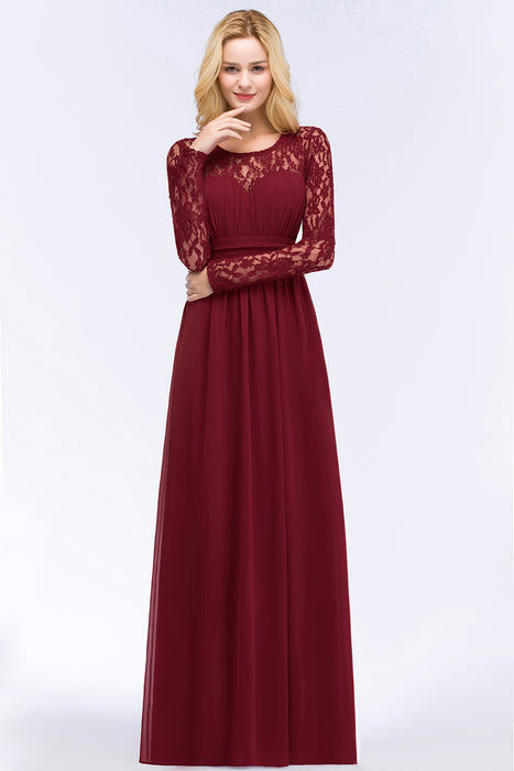 Long Sleeves Burgundy Bridesmaid Dress Chiffon Aline Wedding Guest Dress