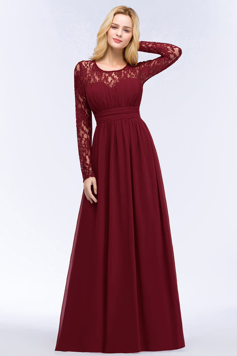 Long Sleeves Burgundy Bridesmaid Dress Chiffon Aline Wedding Guest Dress