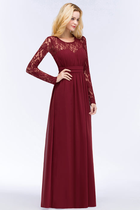 Long Sleeves Burgundy Bridesmaid Dress Chiffon Aline Wedding Guest Dress