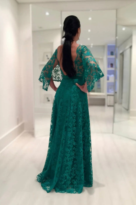 Long Sleeves Aline Lace Mother of the Bride Dress Dark Green Evening Dress - Prom Dresses