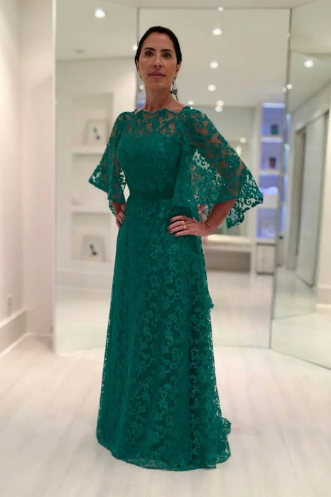Long Sleeves Aline Lace Mother of the Bride Dress Dark Green Evening Dress - Prom Dresses