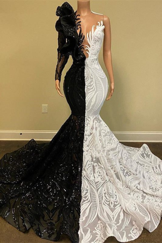 Gorgeous Mermaid Prom Dress with Black & White Lace and Sequins