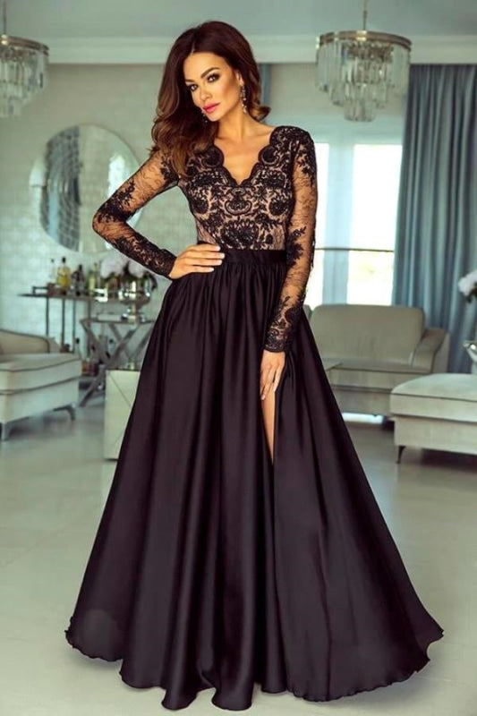 Long Sleeves Black Prom Dress with Split — Bridelily
