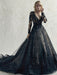 Black Wedding Dresses Lace Princess Silhouette Long Sleeves Natural Waist Lace Court Train Bridal Gown