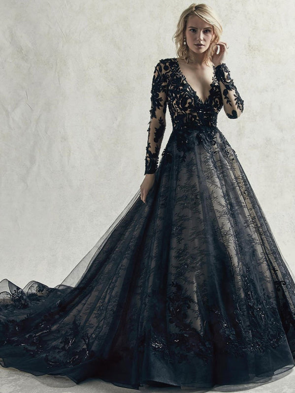 Long Sleeves Lace Princess Black Wedding Dresses-Bridelily