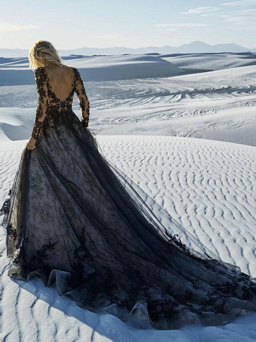 Black Wedding Dresses Lace Princess Silhouette Long Sleeves Natural Waist Lace Court Train Bridal Gown