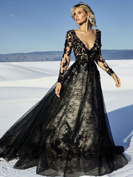 Black Wedding Dresses Lace Princess Silhouette Long Sleeves Natural Waist Lace Court Train Bridal Gown