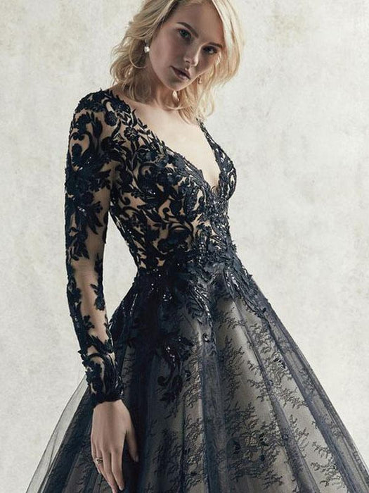 Long Sleeves Lace Princess Black Wedding Dresses-Bridelily Long Sleeves Lace Princess Black Wedding Dresses-Bridelily