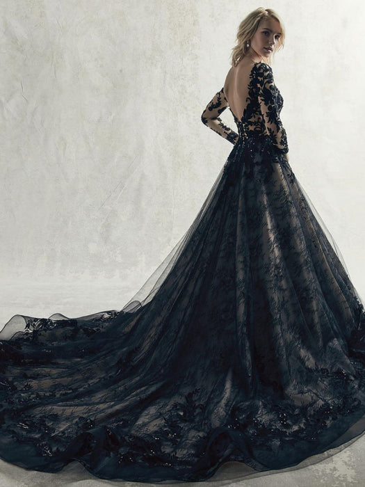 Long Sleeves Lace Princess Black Wedding Dresses-Bridelily